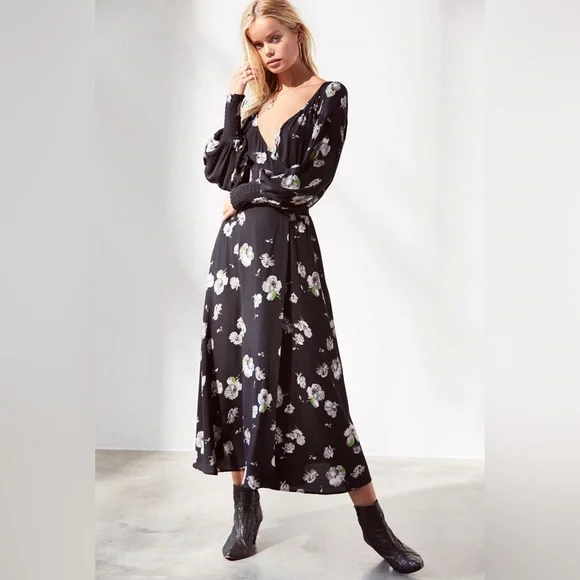 Free People So Sweetly Floral Black Midi Dress with Slit - Picture 4 of 8
